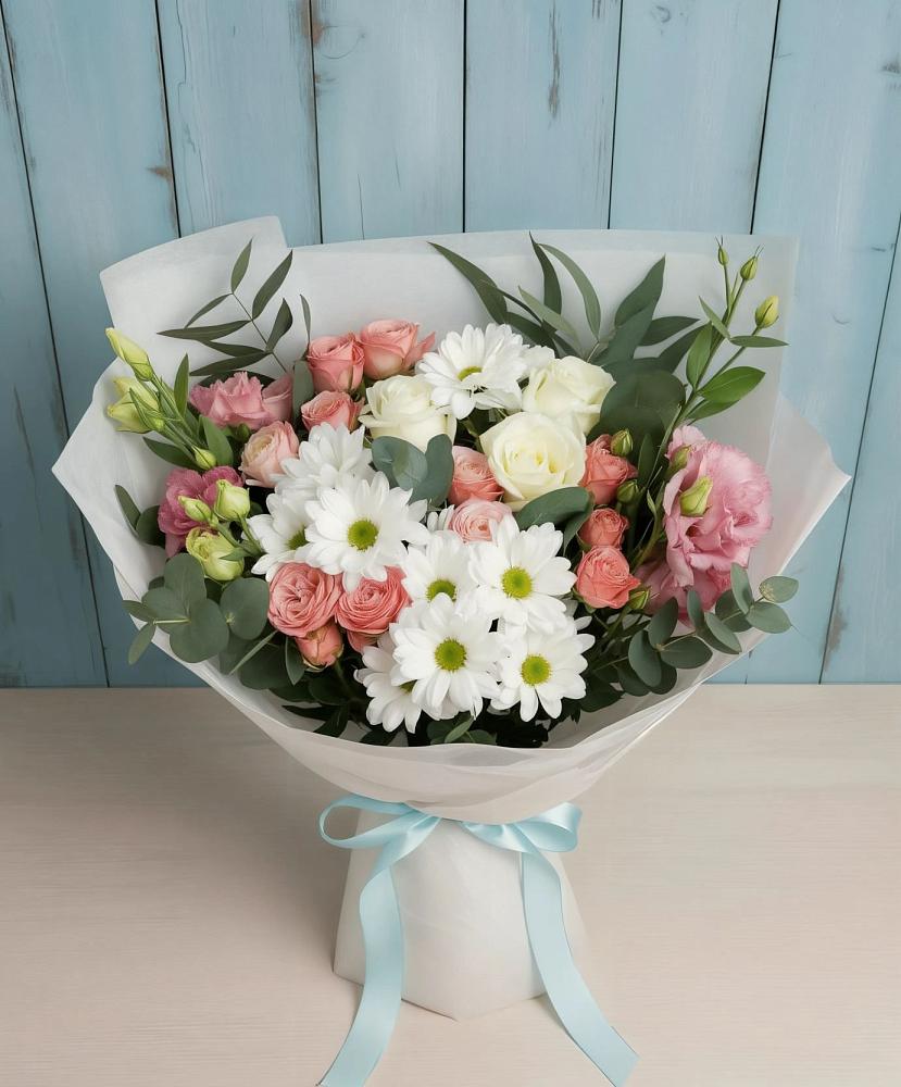 Букет цветов из: Розы, Лизиантусы и Хризантемы в Вольгинский