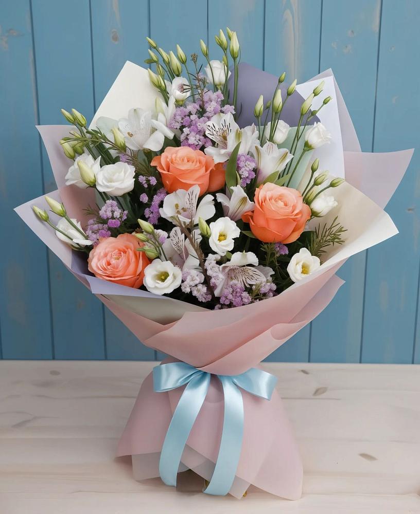 Букет цветов из: Лизиантусы, Розы, Альстромерии и Гипсофила в Вольгинский