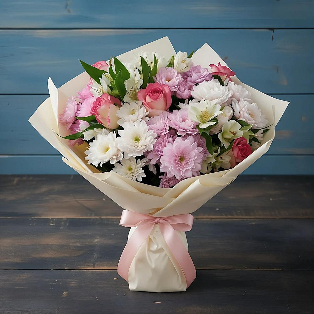 Букет цветов из: Хризантемы, Альстромерии и Розы в Вольгинский